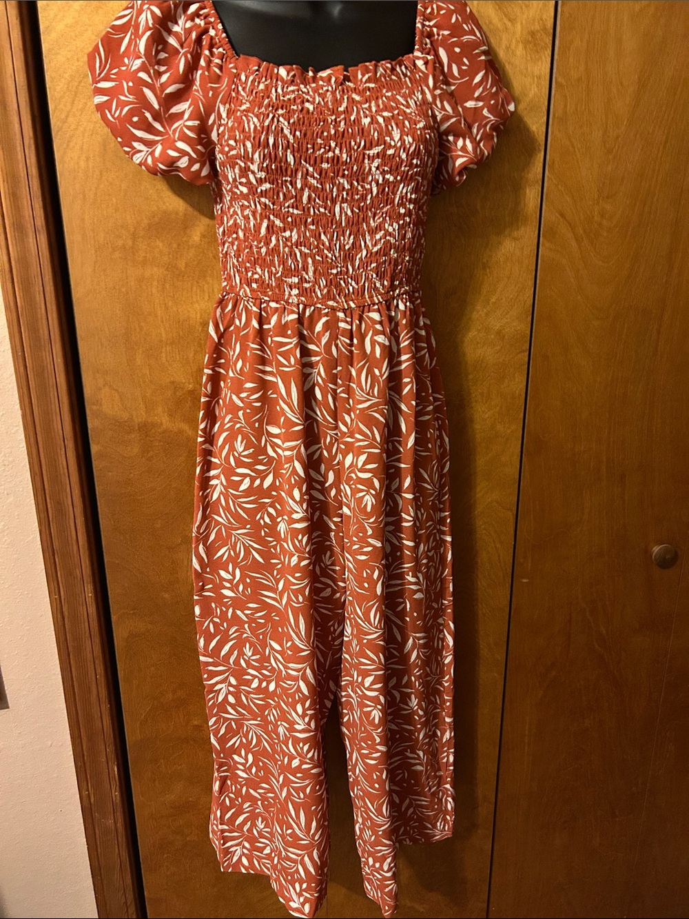 Rust Botanical Print Smocked Jump Suit
